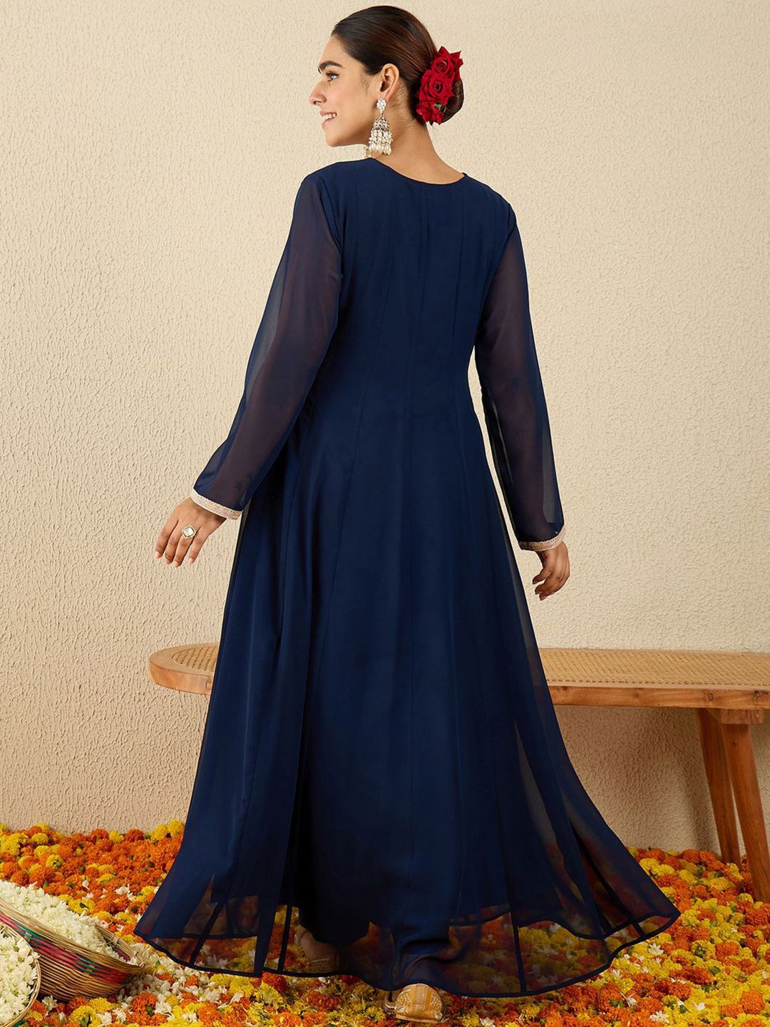 Dhiyona IE Embroidered V-Neck A-Line Tunic With Trousers Co-Ords