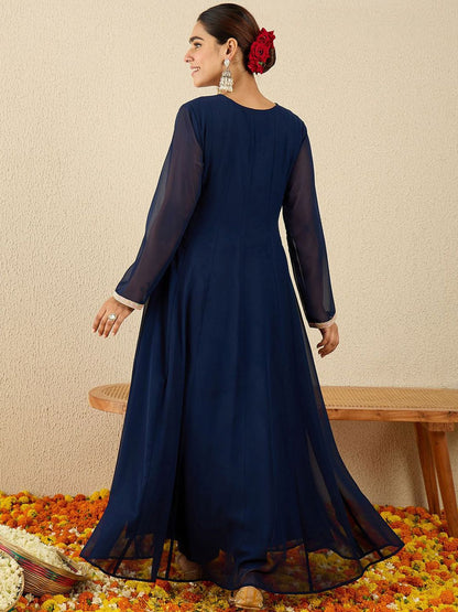 Dhiyona IE Embroidered V-Neck A-Line Tunic With Trousers Co-Ords