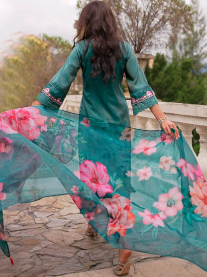 Floral Embroidered Thread Work Kurta With Trousers & Dupatta