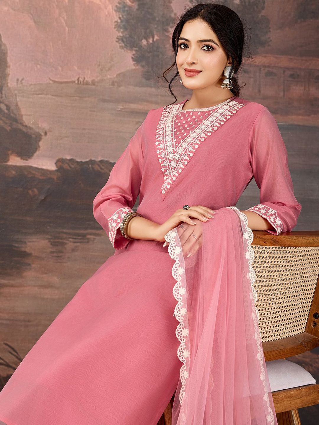 Dhiyona PD Women Floral Embroidered Chanderi Cotton Straight Kurta With Trousers & Dupatta