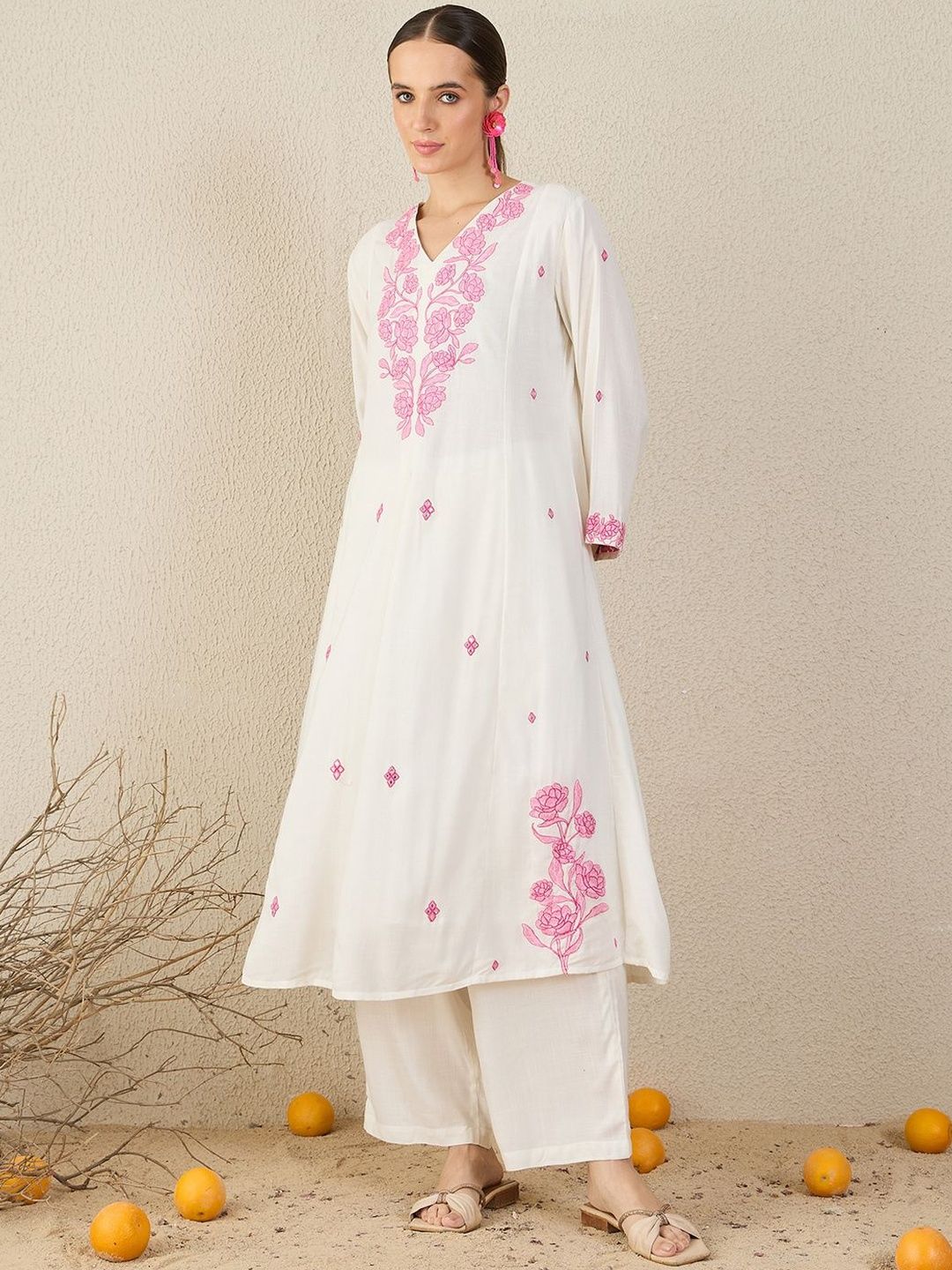 Floral Embroidered V-Neck Thread Work A-Line Kurta & Trousers With Dupatta