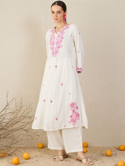 Floral Embroidered V-Neck Thread Work A-Line Kurta & Trousers With Dupatta