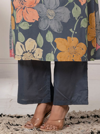 Dhiyona IE Floral Floral Printed Pure Cotton V-Neck Tunic With Trousers