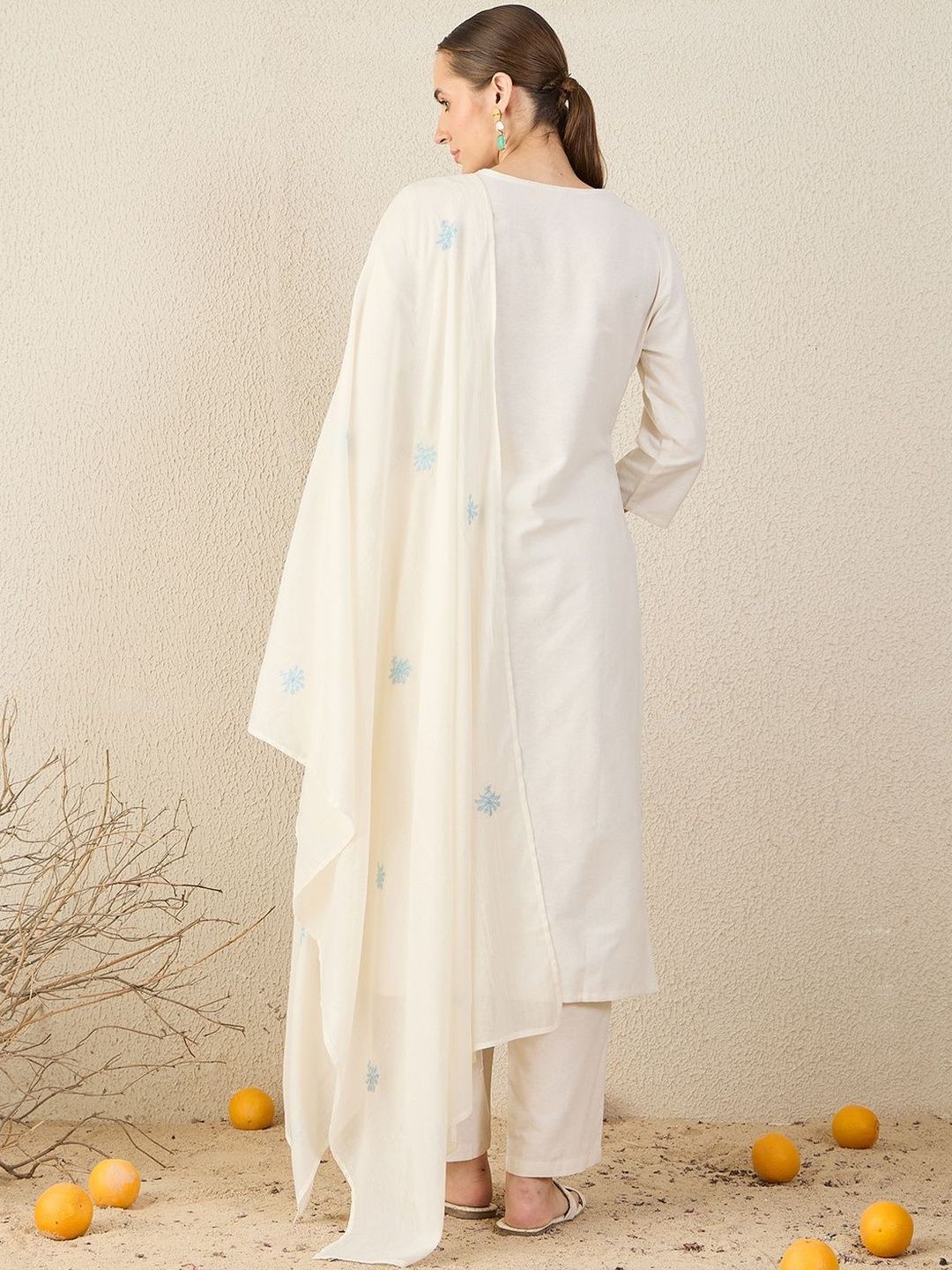 Women Floral Embroidered Cotton Kurta with Trousers & Dupatta