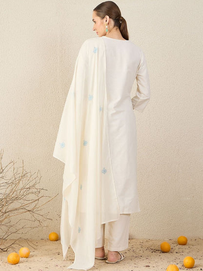 Women Floral Embroidered Cotton Kurta with Trousers & Dupatta