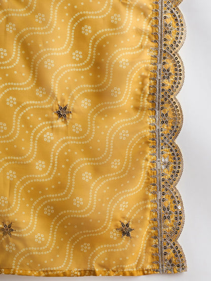 Dhiyona IE Mustard Yellow Floral Embroidered V-Neck Straight Kurta with Trousers & Dupatta