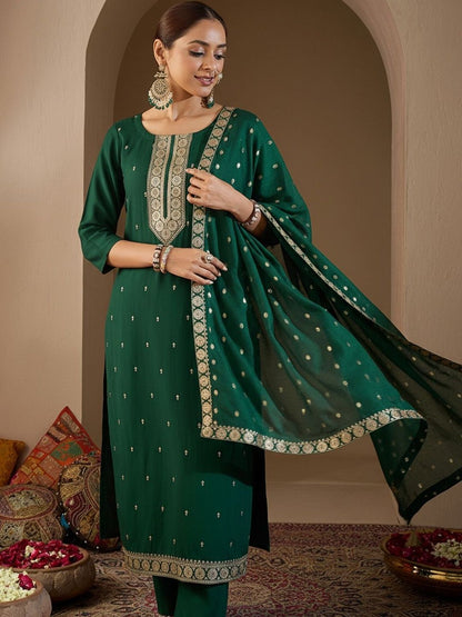 Women Ethnic Motifs Embroidered Regular Kurta with Trousers & With Dupatta
