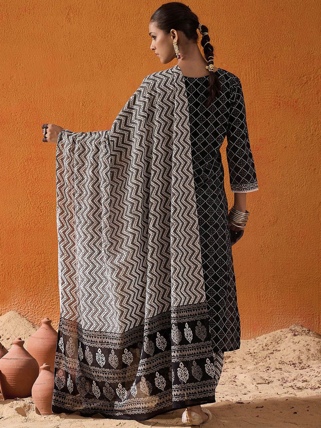 Dhiyona IE Black Geometric Printed V-Neck Pure Cotton Straight Kurta with Salwar & Dupatta