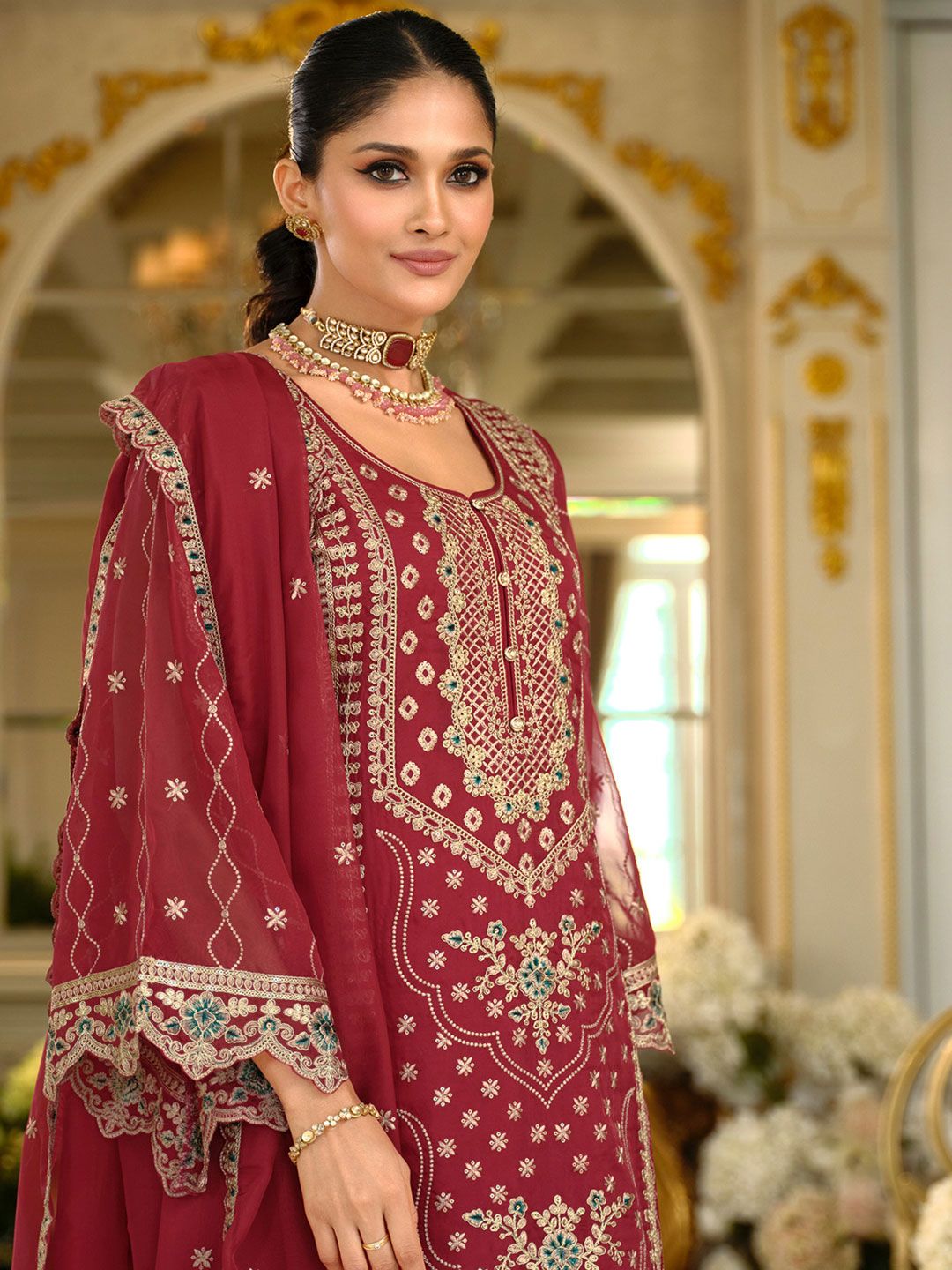 Dhiyona IE Ethnic Motifs Embroidered Zari Organza Straight Kurta & Trousers With Dupatta