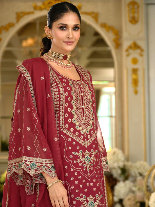 Ethnic Motifs Embroidered Zari Organza Straight Kurta & Trousers With Dupatta