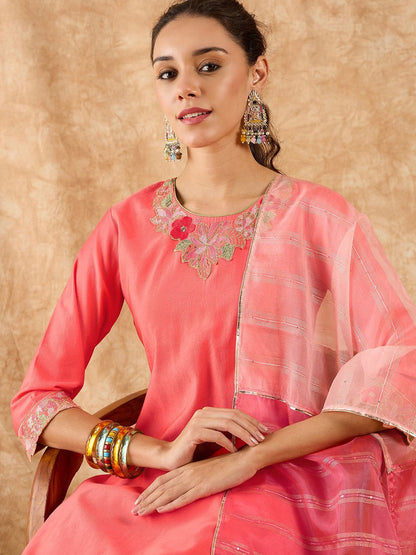 Floral Yoke Design Straight Sequinned Liva Kurta with Palazzos & Dupatta