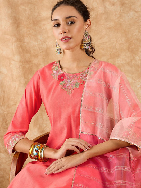 Floral Yoke Design Straight Sequinned Liva Kurta with Palazzos & Dupatta