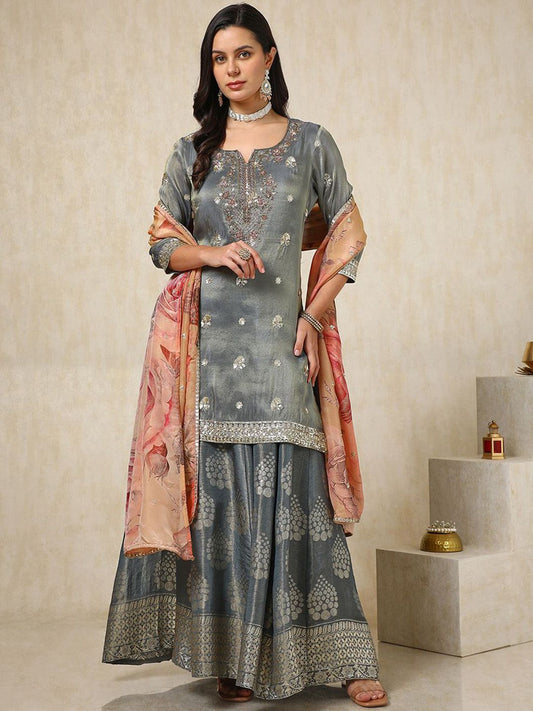 Dhiyona SO Women's Ethnic Motifs Embroidered Zardosi Kurti with Palazzos & Dupatta