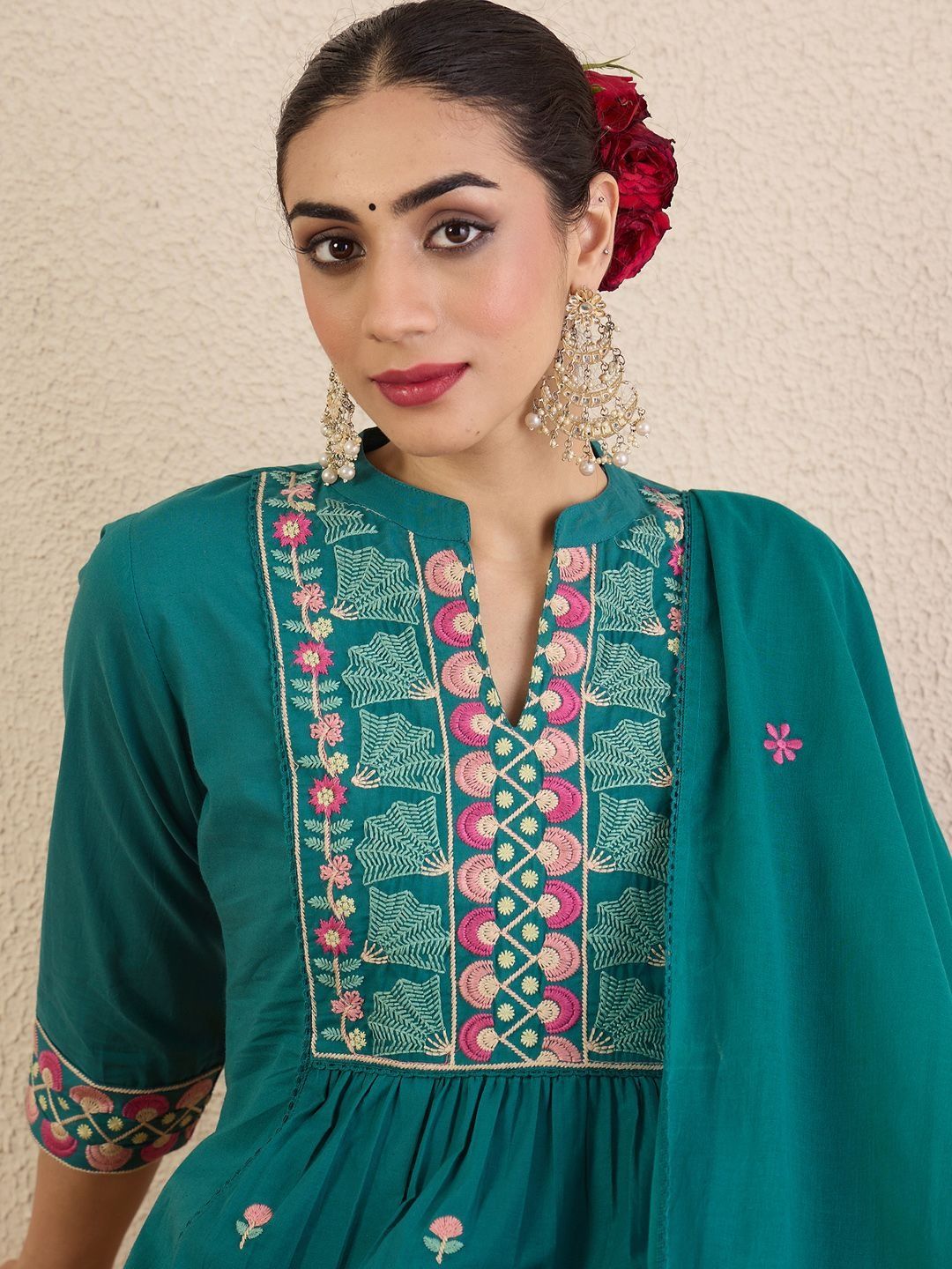 Women Ethnic Motifs Embroidered Cotton A-Line Kurta with Trousers & Dupatta