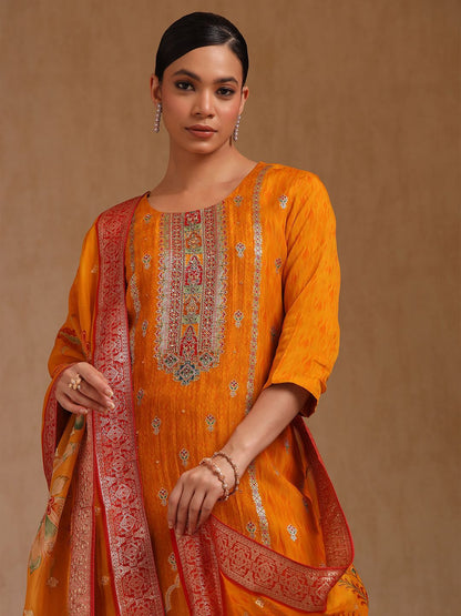 Dhiyona SO Women's Floral Printed Beads and Stones Organza Straight Kurta With Trouser And Dupatta