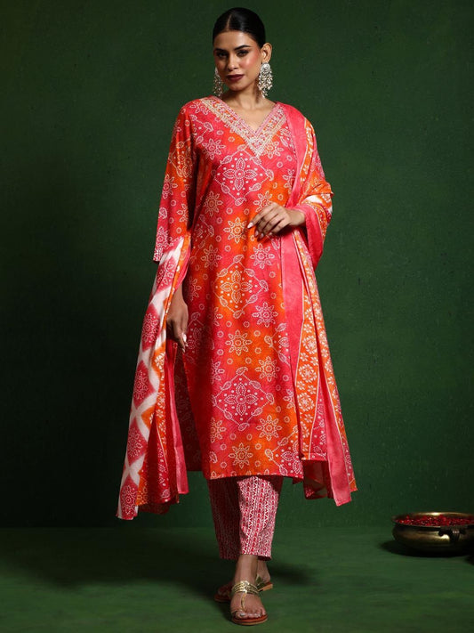 Dhiyona VA Women'sBandhani Printed V-Neck Thread Work Kurta With Trousers & Dupatta
