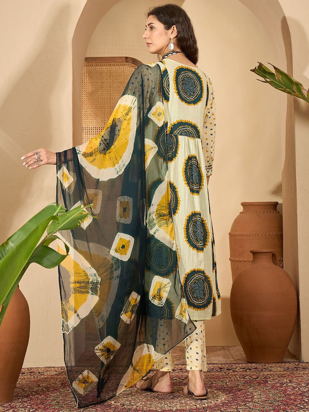 Dhiyona SN Women's Bandhani Printed Cotton A-Line Kurta with Trousers & Dupatta