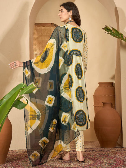 Dhiyona SN Women's Bandhani Printed Cotton A-Line Kurta with Trousers & Dupatta