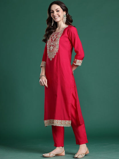 Ethnic Motifs Embroidered Zari Round Neck Straight Kurta With Trouser & Dupatta