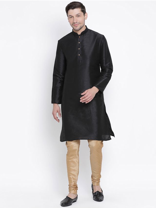 Men's Black Silk Blend Straight Kurta Pyjama Set