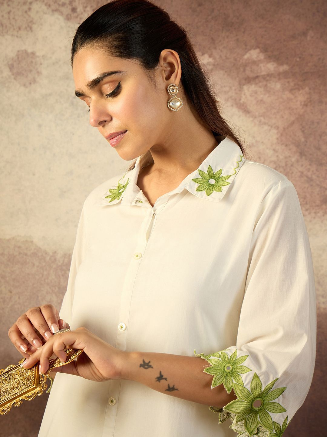 Dhiyona IE Embroidered A-Line Pure Cotton Tunic With Trousers