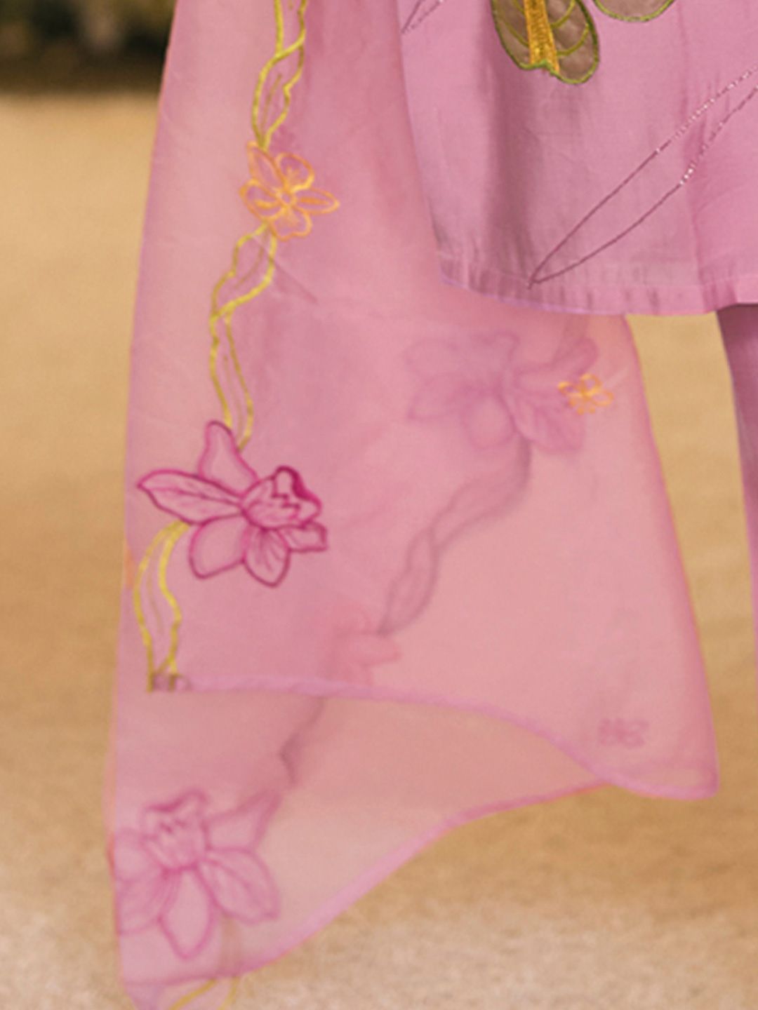 Floral Embroidered Tie-Up Neck Kurta With Trousers & Dupatta