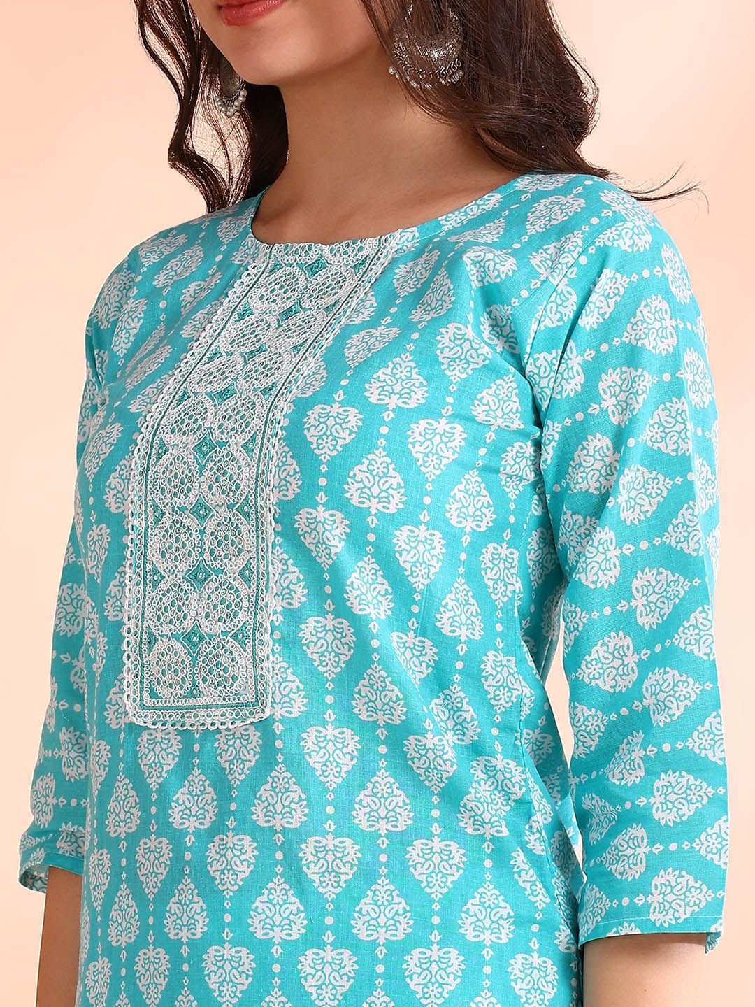 Dhiyona OD  Thread Work Pure Cotton Straight Kurta with Trousers & Dupatta