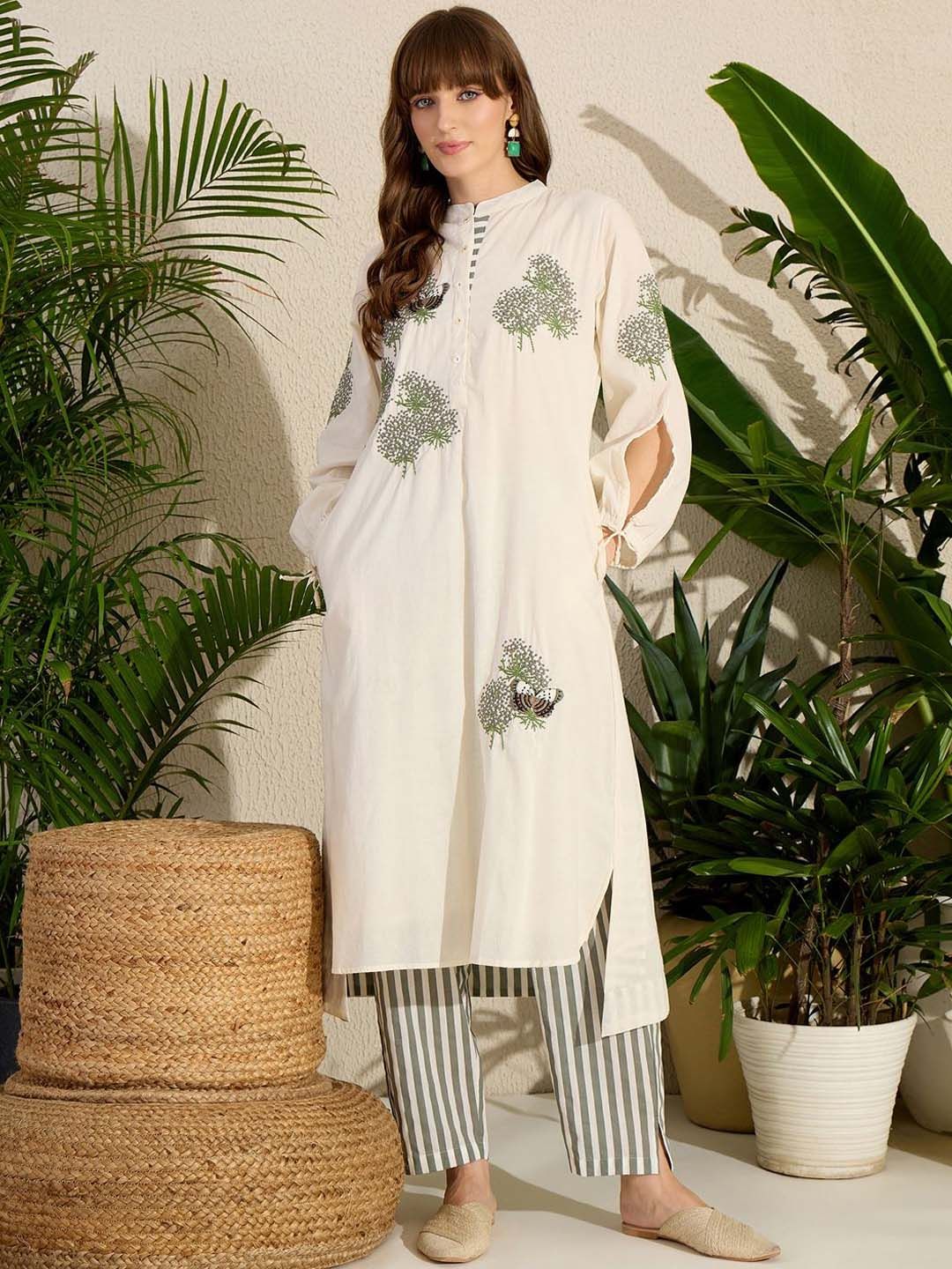 Dhiyona IE Floral Embroidered Mandarin Collar Straight Pure Cotton Tunic With Trouser