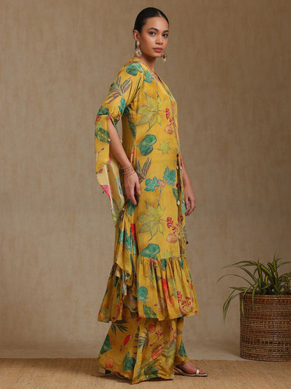 Dhiyona SO Women's Floral Printed Beads And Stones A-Line Kurta With Palazzos