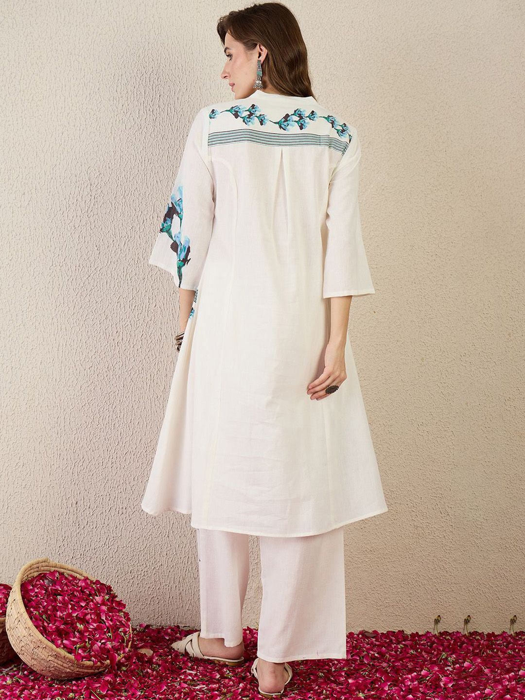 Floral Printed Mandarin Collar Pure Cotton A-Line Kurta With Trouser