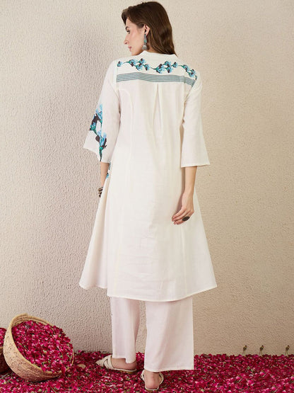 Floral Printed Mandarin Collar Pure Cotton A-Line Kurta With Trouser
