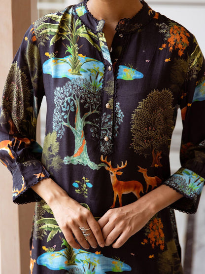 Dhiyona IS Women's Floral Printed Round Neck Three Quarter Sleeves Straight Kurta With Palazzos