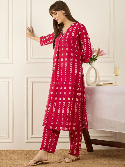 Dhiyona IE Printed Mandarin Collar Pure Cotton Top With Trousers