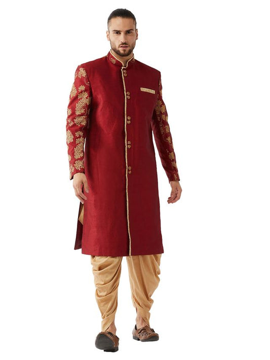 Men's Maroon Silk Blend Regular Sherwani Set