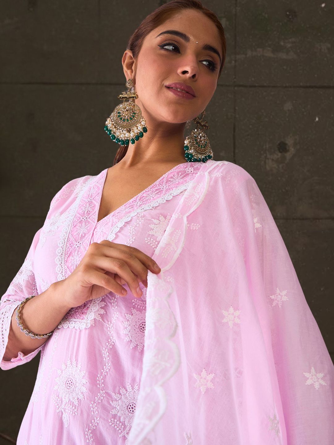 Dhiyona IE Women Ethnic Motifs Embroidered Regular Chikankari Pure Cotton Kurta with Trousers & With Dupatta