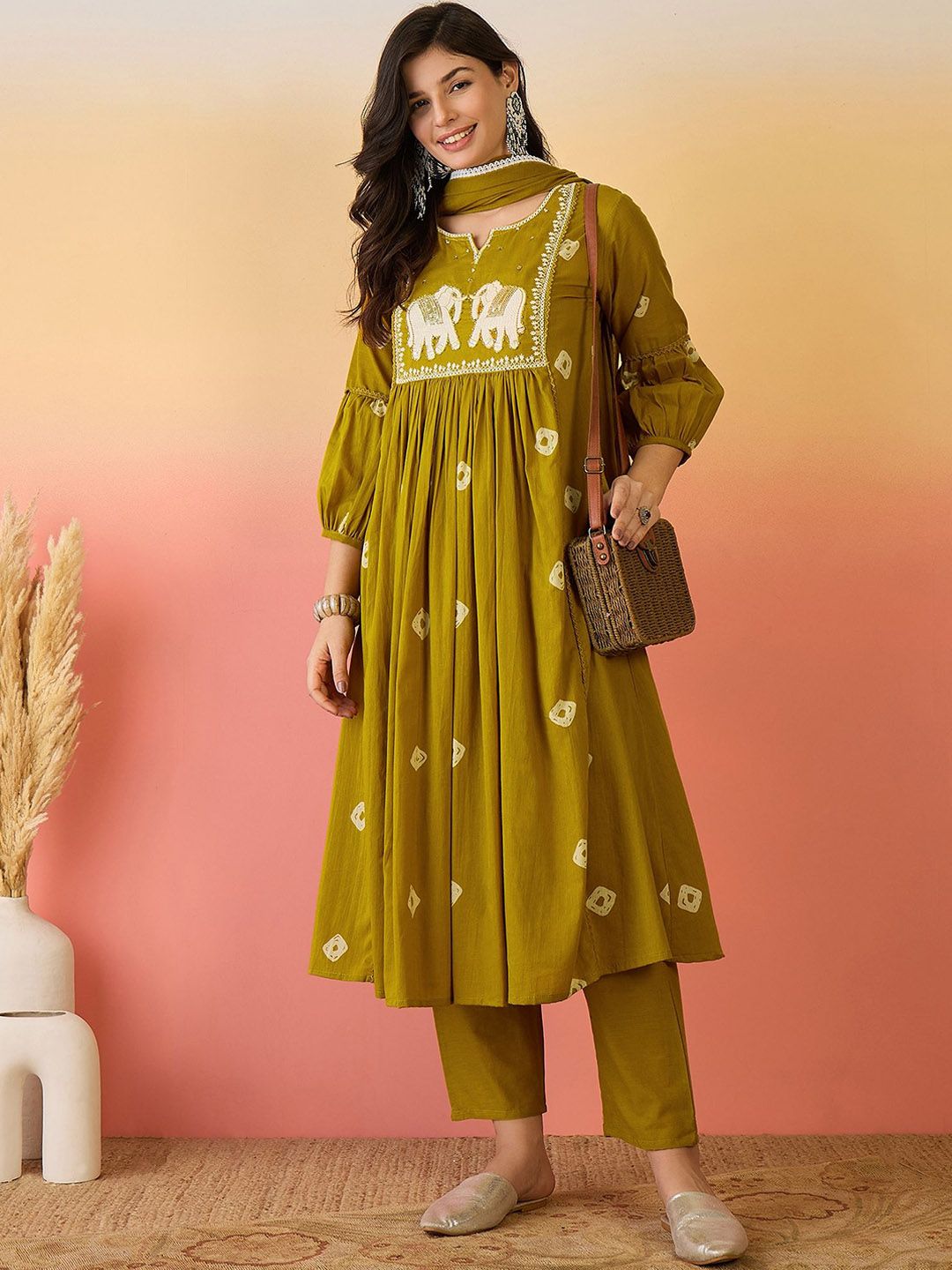 Dhiyona SN Women's Ethnic Motifs Embroidered Sequinned Pure Cotton Kurta And Trouser With Dupatta