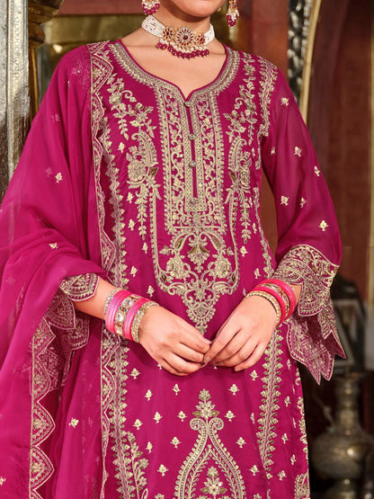 Ethnic Motifs Embroidered Zari Organza Straight Kurta & Trousers With Dupatta