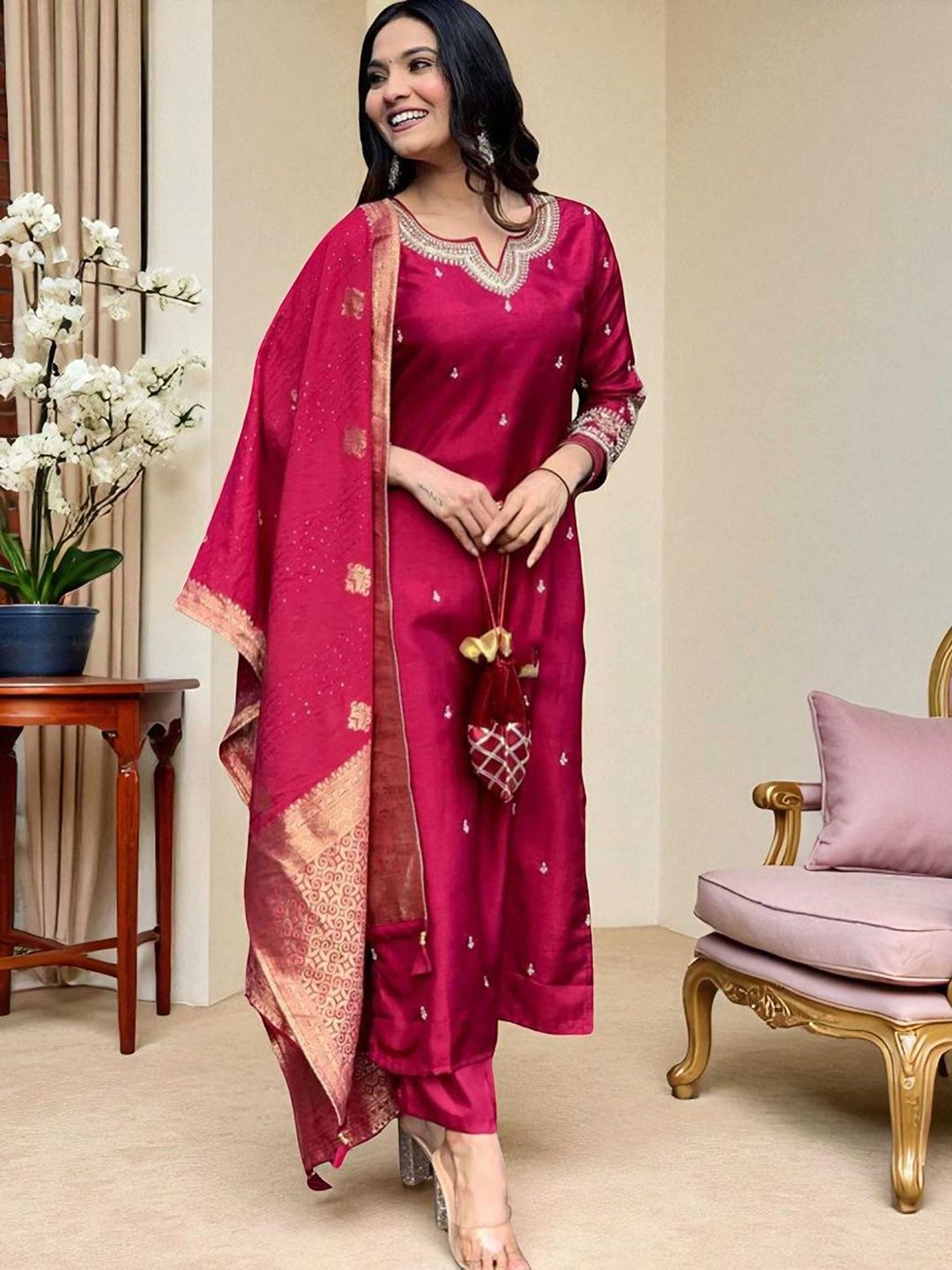 Dhiyona SN Women's Embroidered Calf Length Regular Straight Kurta & Pyjamas With Dupatta