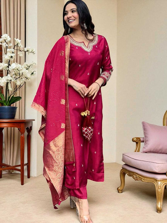 Dhiyona SN Women's Embroidered Calf Length Regular Straight Kurta & Pyjamas With Dupatta