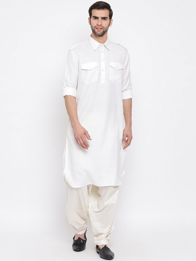 Men's Cream Cotton Blend Pathani Pathani Kurta Set