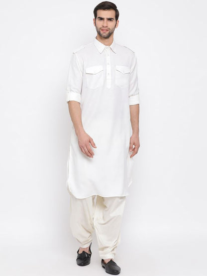 Men's Cream Cotton Blend Pathani Pathani Kurta Set