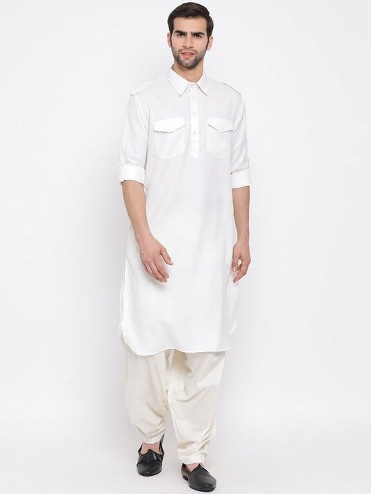 Men's Cream Cotton Blend Pathani Pathani Kurta Set