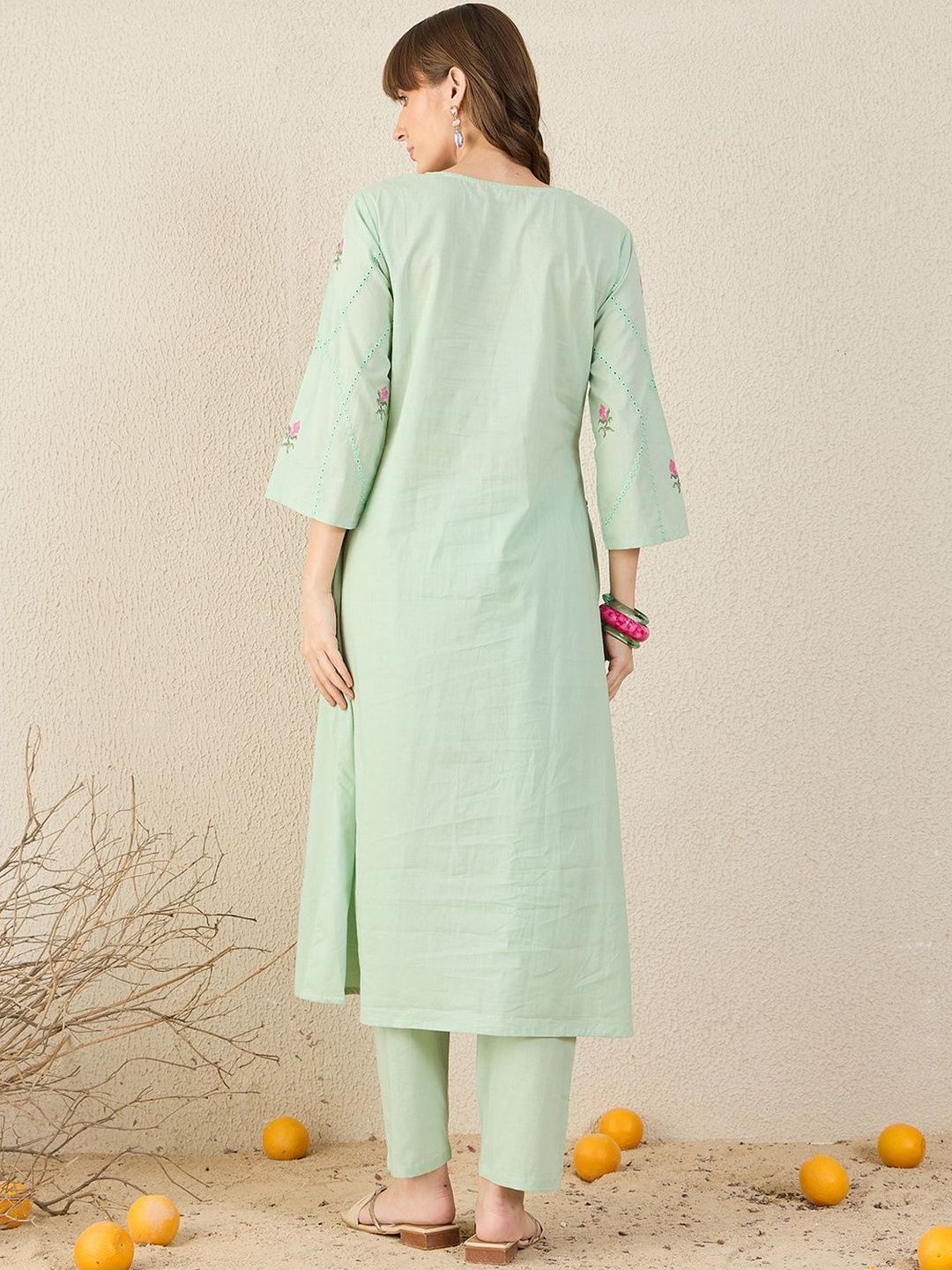Women Embroidered Beads and Stones Pure Cotton Kurta with Trousers
