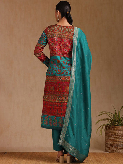 Dhiyona SO Women's Ethnic Motifs Printed Mirror Work Straight Kurta With Trouser And Dupatta