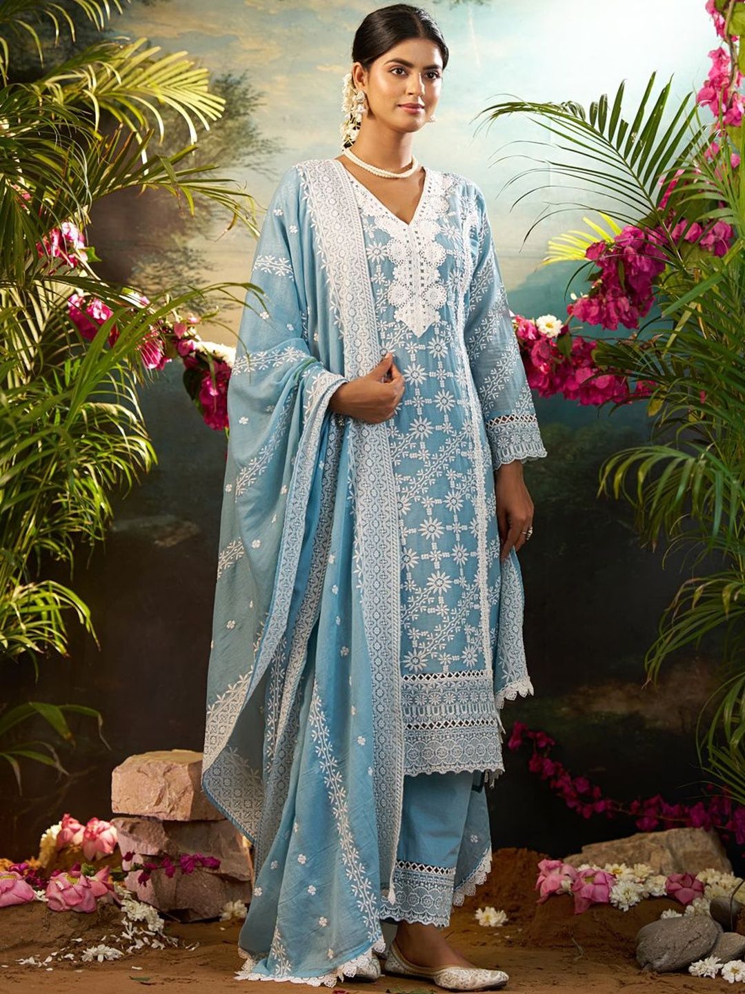 Women Ethnic Motifs Embroidered Regular Chikankari Pure Cotton Kurta with Trousers & With Dupatta