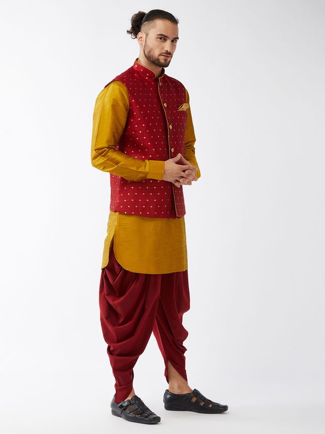 Men's Mustard Silk Blend Straight Jacket  Kurta and Dhoti Set