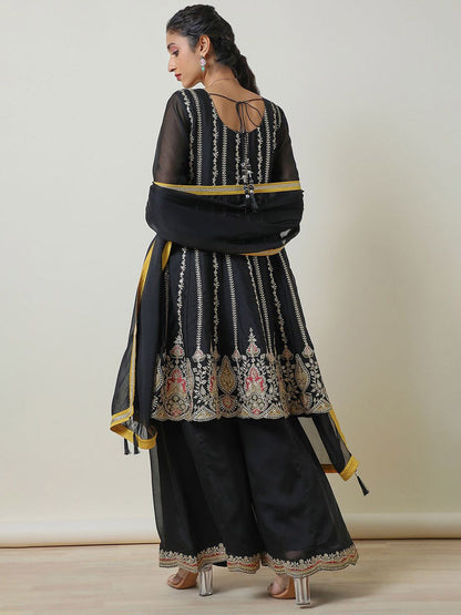 Dhiyona SO Women's Embroidered Sequinned Notch Neck Anarkali Kurta with Palazzos & Dupatta
