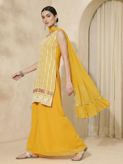 Dhiyona CH Women Ethnic Motifs Regular Thread Work Kurta with Palazzos & With Dupatta