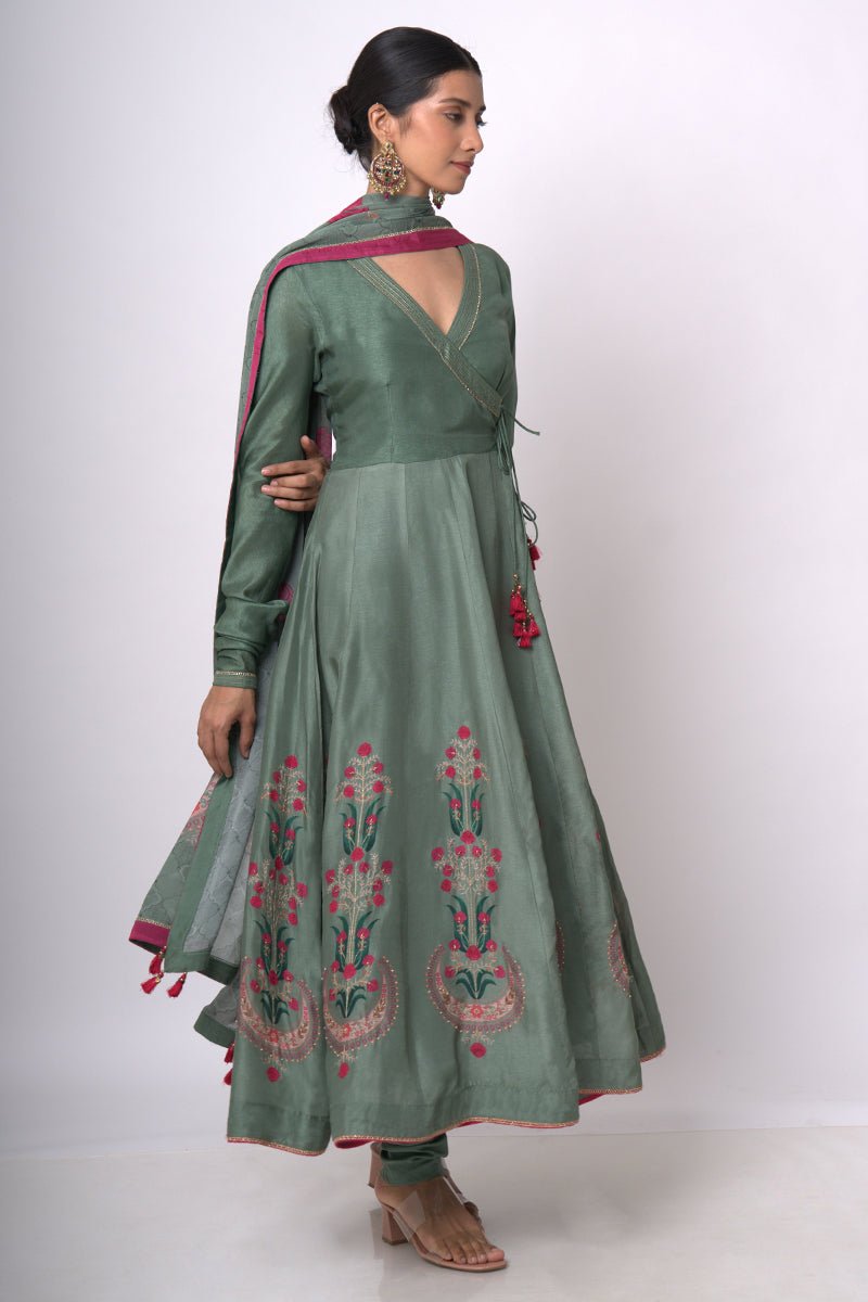 Women's Aspen Green Raw Silk Anarkali Salwar Suit