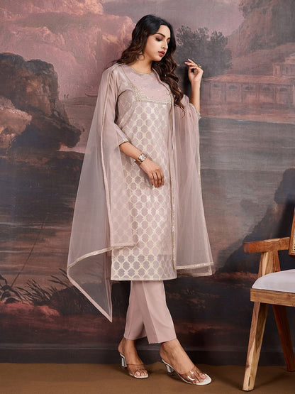 Dhiyona PD Women Ethnic Motif Woven Design Sequinned Jacquard Kurta & Trouser With Dupatta